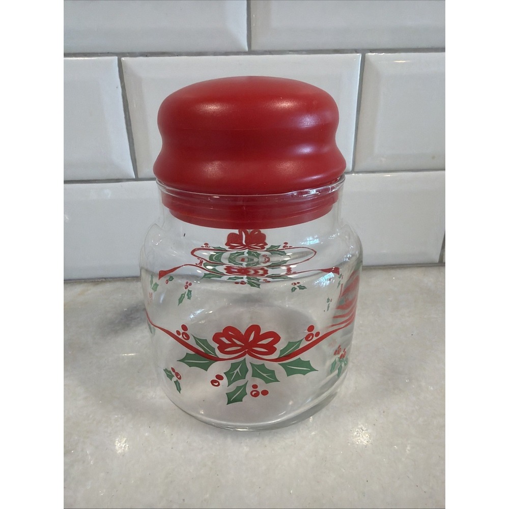 Vintage Corelle COORDINATES‎ WINTER HOLLY Glass Jar With Red Plastic Lid ES001